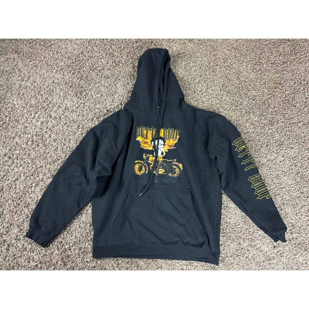 Brisco Brands Betty Boop‎ Biker Print Pullover Sweater Hoodie Womens Large Black